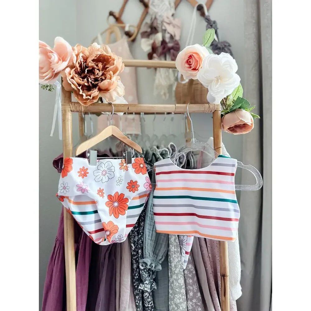 Blossom Babe 2pc Reversible Boho Floral + Stripes Swimsuit Set 2/3T